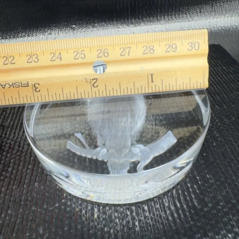 Val Saint Lambert Intaglio‎ Perched Owl Glass Paperweight Signed Clear Crystal